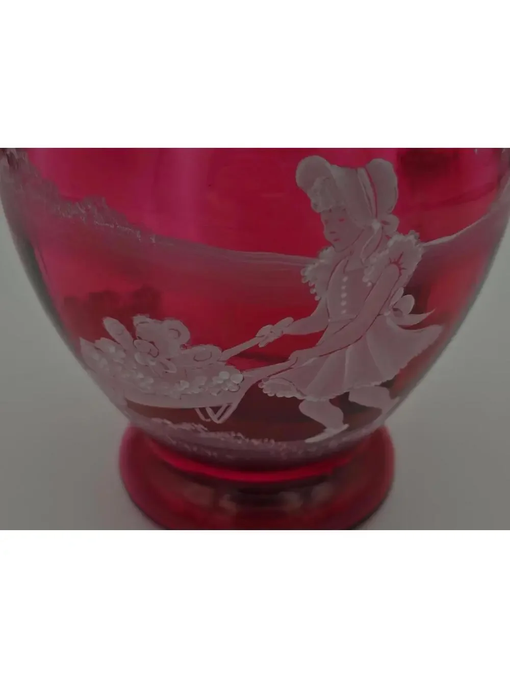 Vintage Fenton Cranberry Mary Gregory Vase Signed LE Girl Scene Original Sticker